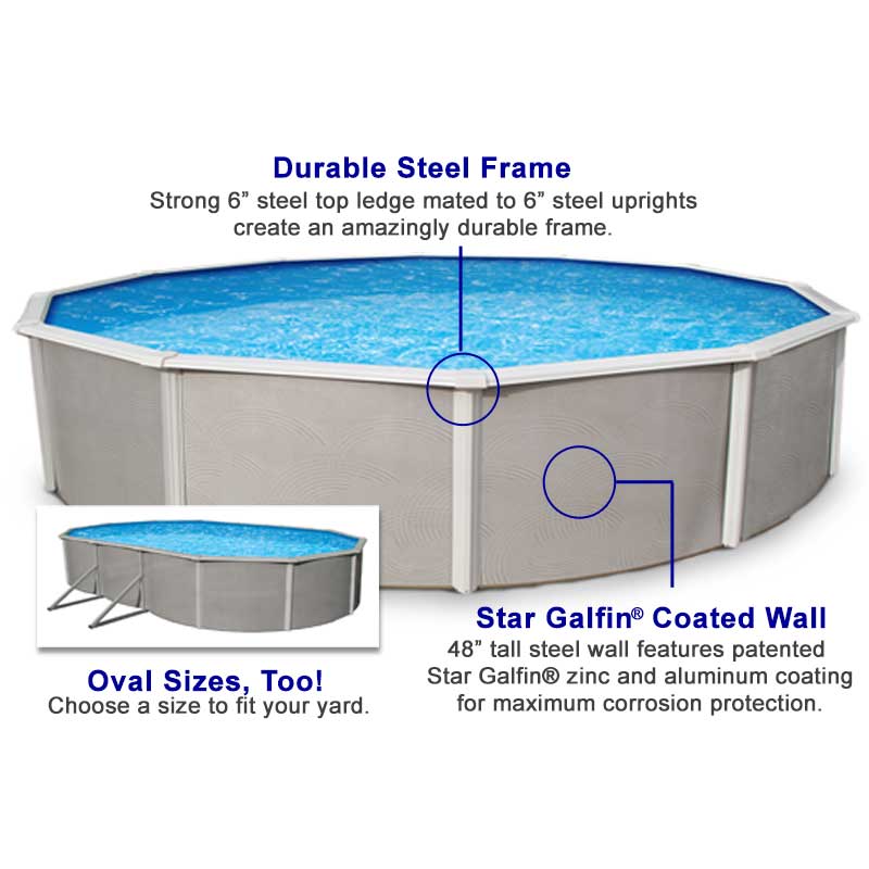The Belize 48 inch pool features a durable steel wall and Star Galfin coating.