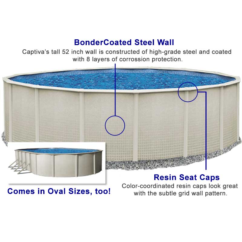 The Captiva 52 inch pool features resin seat caps and BonderCoated steel wall.